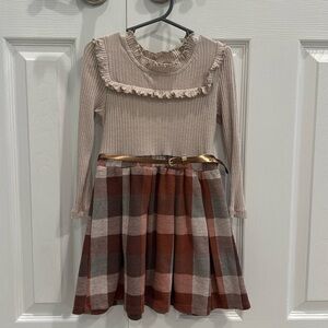 Girls size 4 long-sleeve dress in fall colors with matching belt and headband.